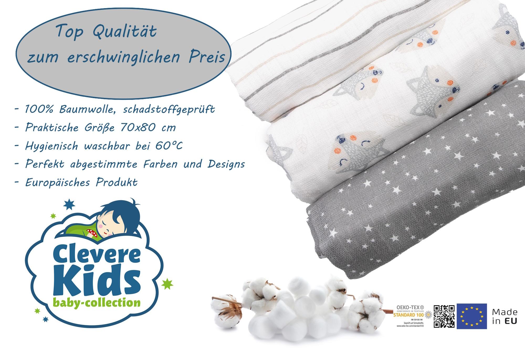 Clevere Kids Mulltücher Stoffwindeln 6er-Pack Fuchs hellgrau Spucktuch OEKO-TEX